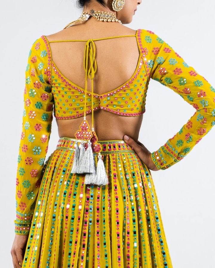Moss Green Flower Lehenga and Full Sleeves Embroidered Blouse Set Vvani by Vani Vats - Fabilicious Fashion