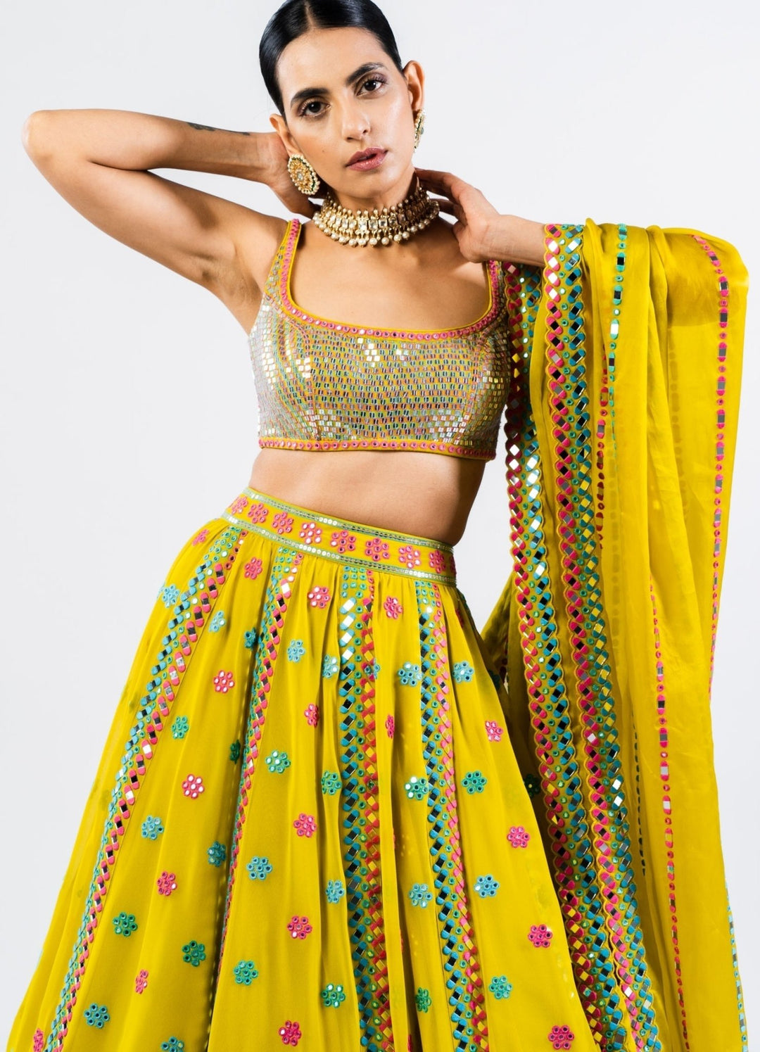 Moss Green Flower Lehenga Set With Metallic Sequinned Blouse Vvani by Vani Vats - Fabilicious Fashion