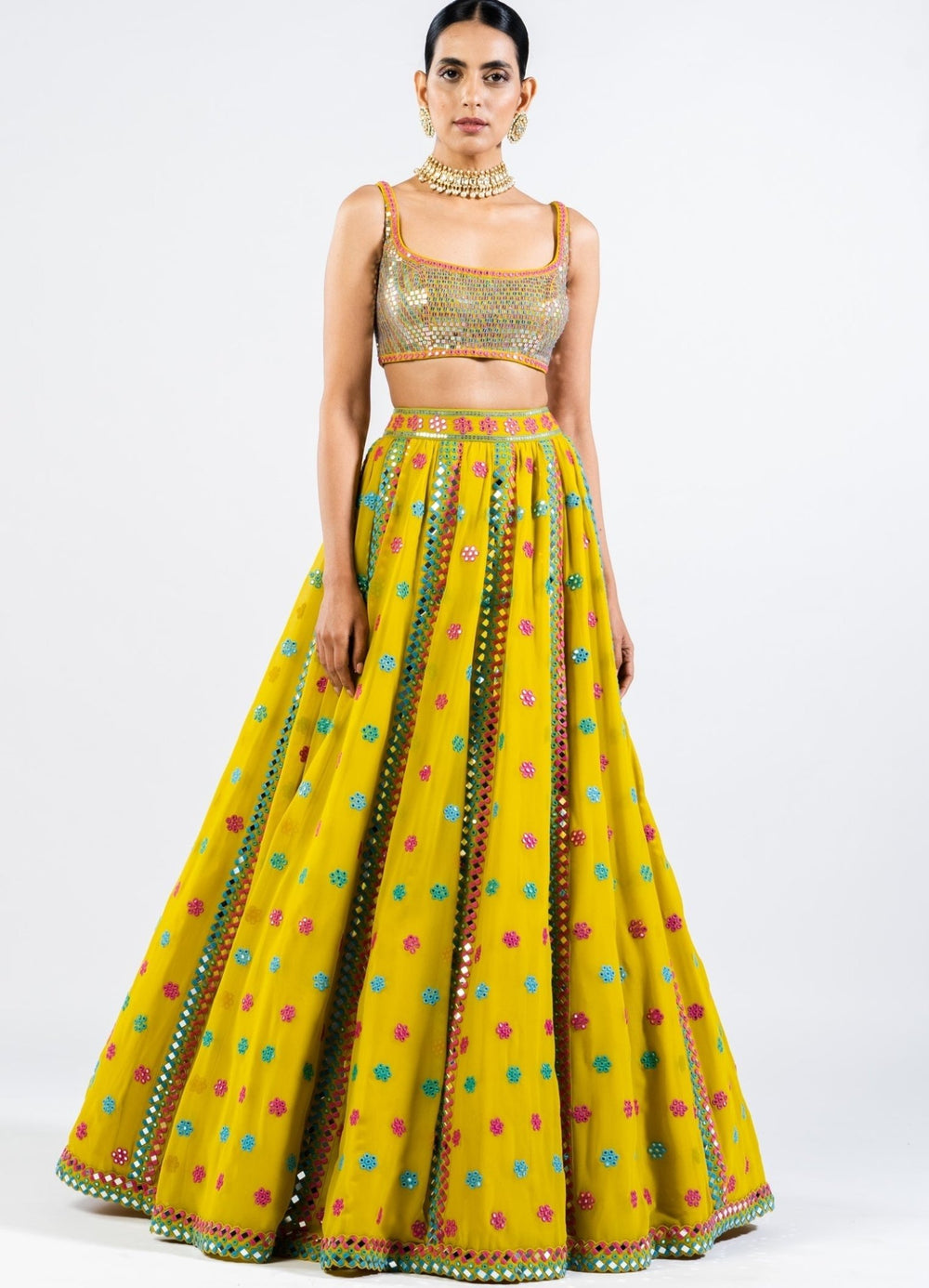 Moss Green Flower Lehenga Set With Metallic Sequinned Blouse Vvani by Vani Vats - Fabilicious Fashion