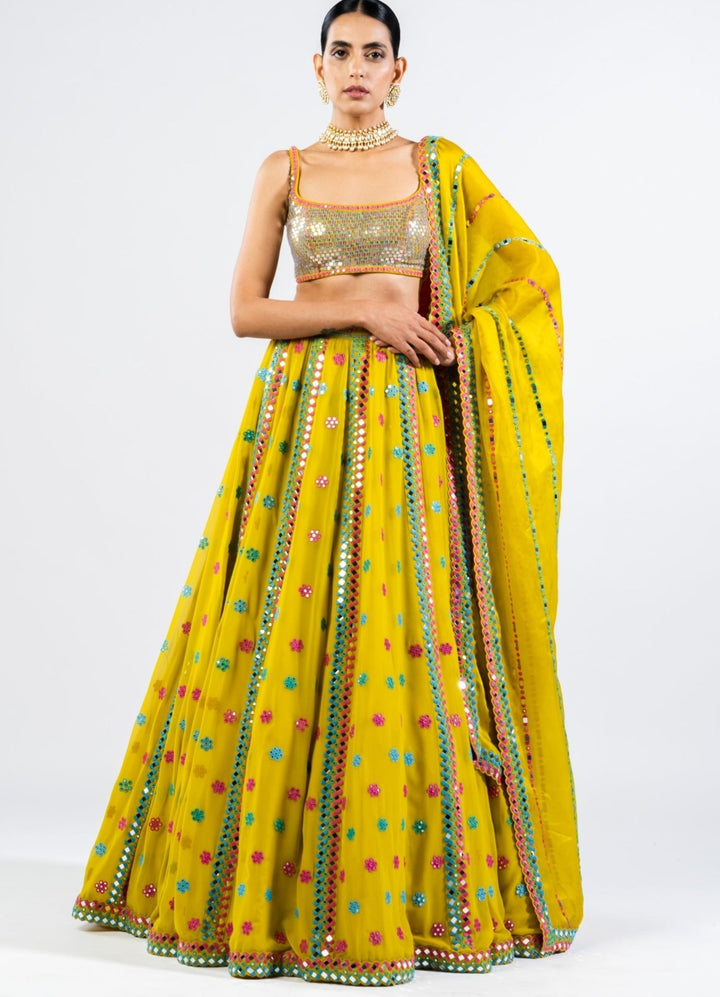 Moss Green Flower Lehenga Set With Metallic Sequinned Blouse Vvani by Vani Vats - Fabilicious Fashion