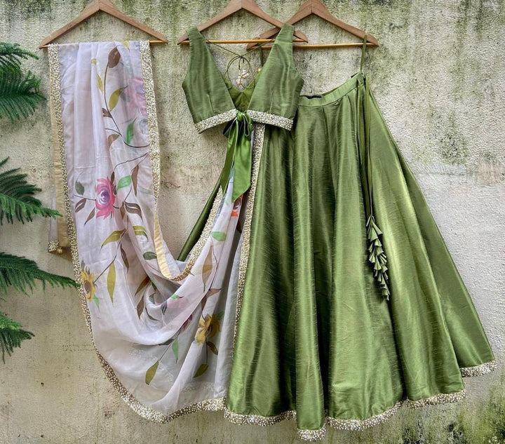 Moss Green lehenga set with Hand Painted Dupatta Priti Sahni - Fabilicious Fashion