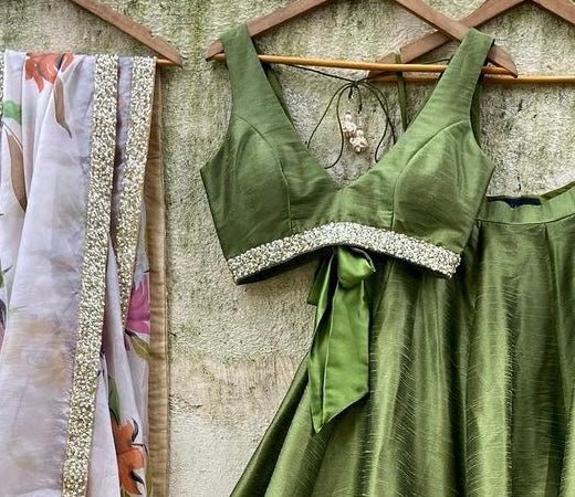 Moss Green lehenga set with Hand Painted Dupatta Priti Sahni - Fabilicious Fashion