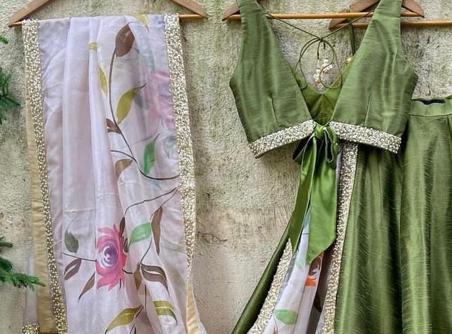Moss Green lehenga set with Hand Painted Dupatta Priti Sahni - Fabilicious Fashion