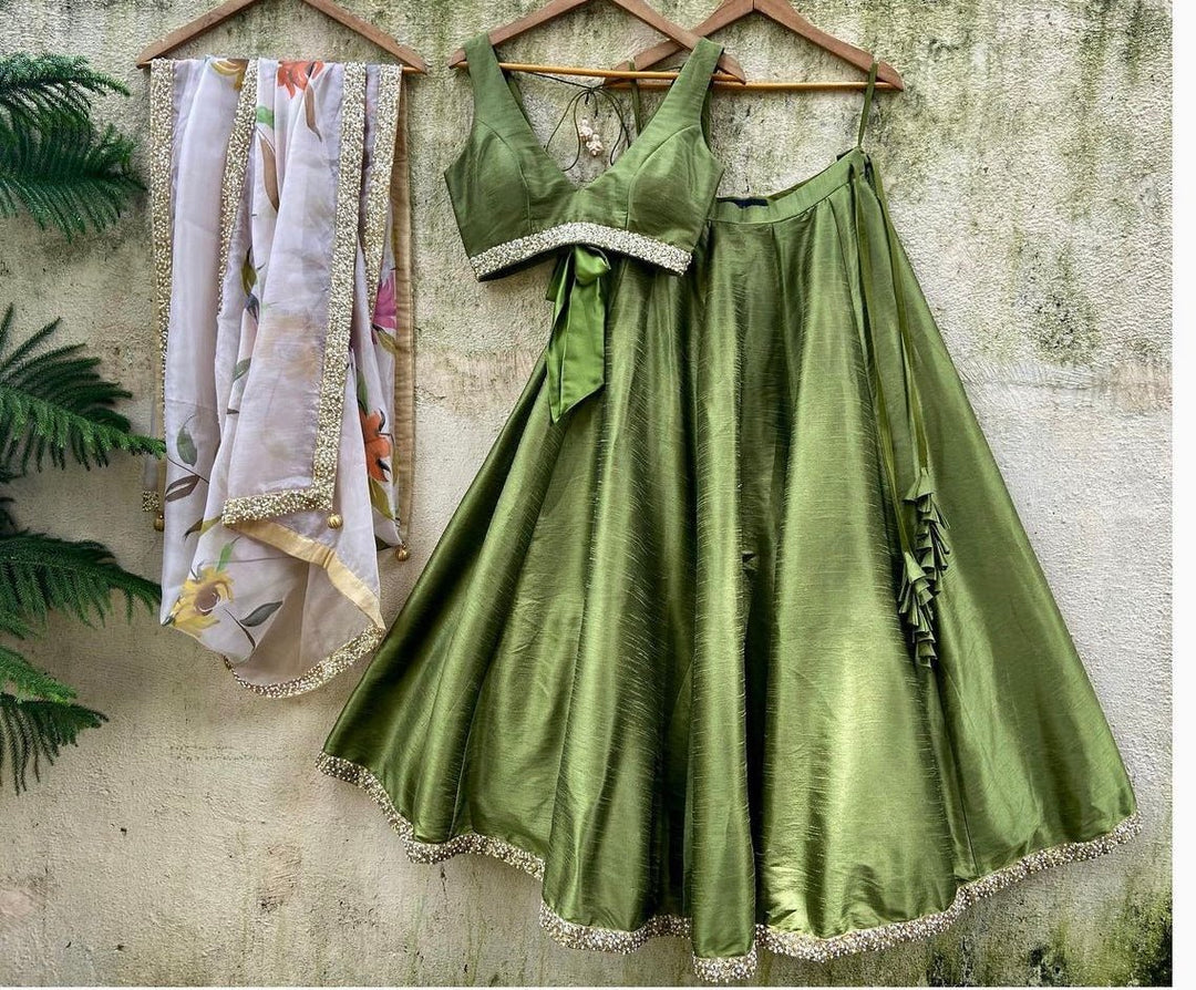Moss Green lehenga set with Hand Painted Dupatta Priti Sahni - Fabilicious Fashion