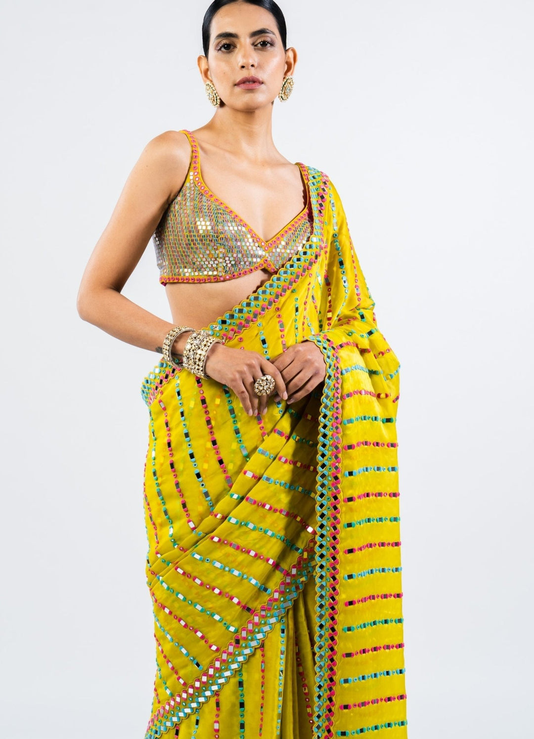 Moss Green Mirror Saree With Metallic Sequinned Blouse Vvani by Vani Vats - Fabilicious Fashion