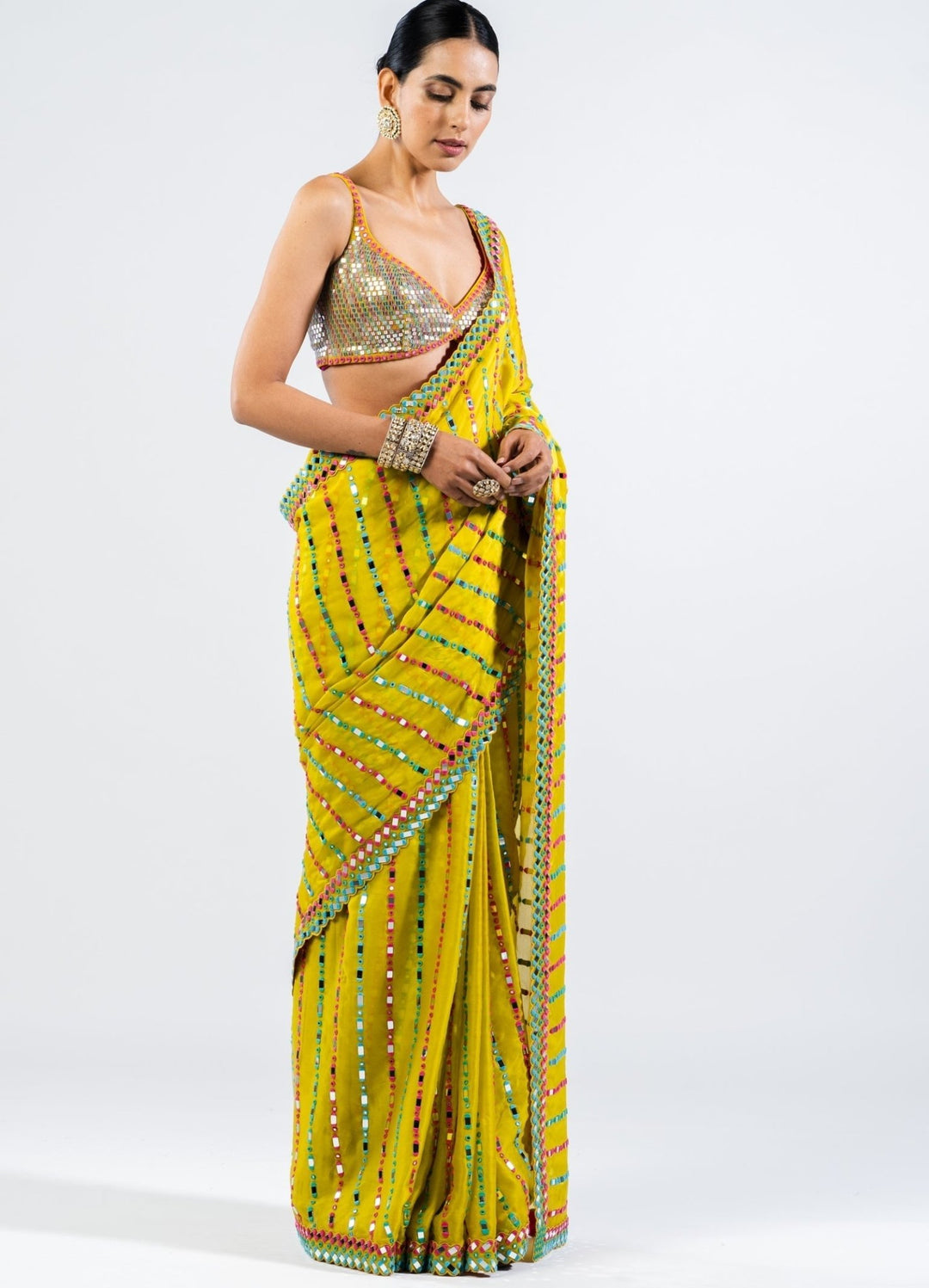 Moss Green Mirror Saree With Metallic Sequinned Blouse Vvani by Vani Vats - Fabilicious Fashion