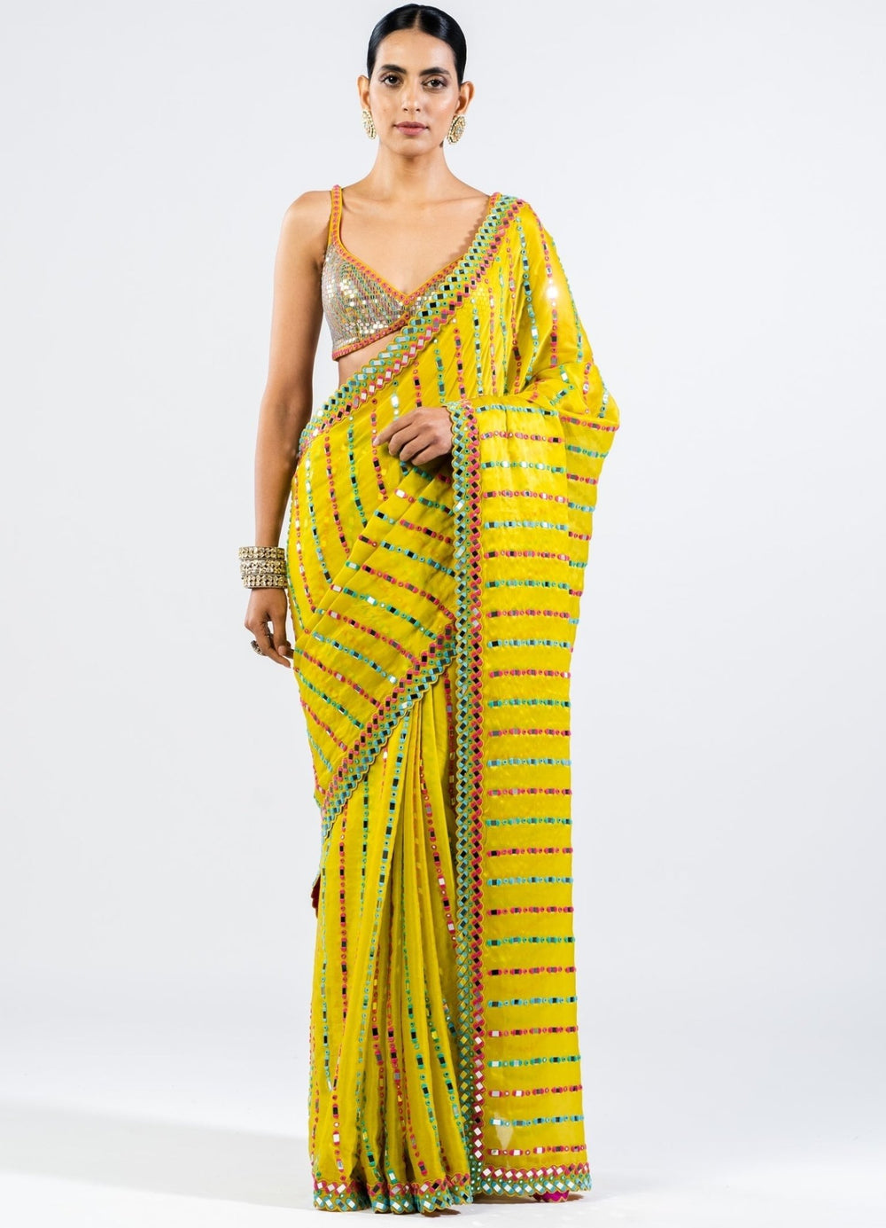 Moss Green Mirror Saree With Metallic Sequinned Blouse Vvani by Vani Vats - Fabilicious Fashion