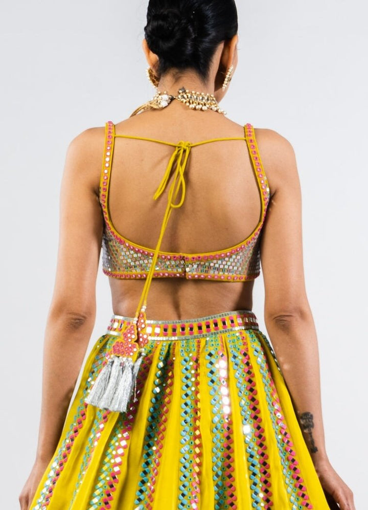 Moss Green Mirror Single Linear Lehenga Set With Metallic Blouse Vvani by Vani Vats - Fabilicious Fashion