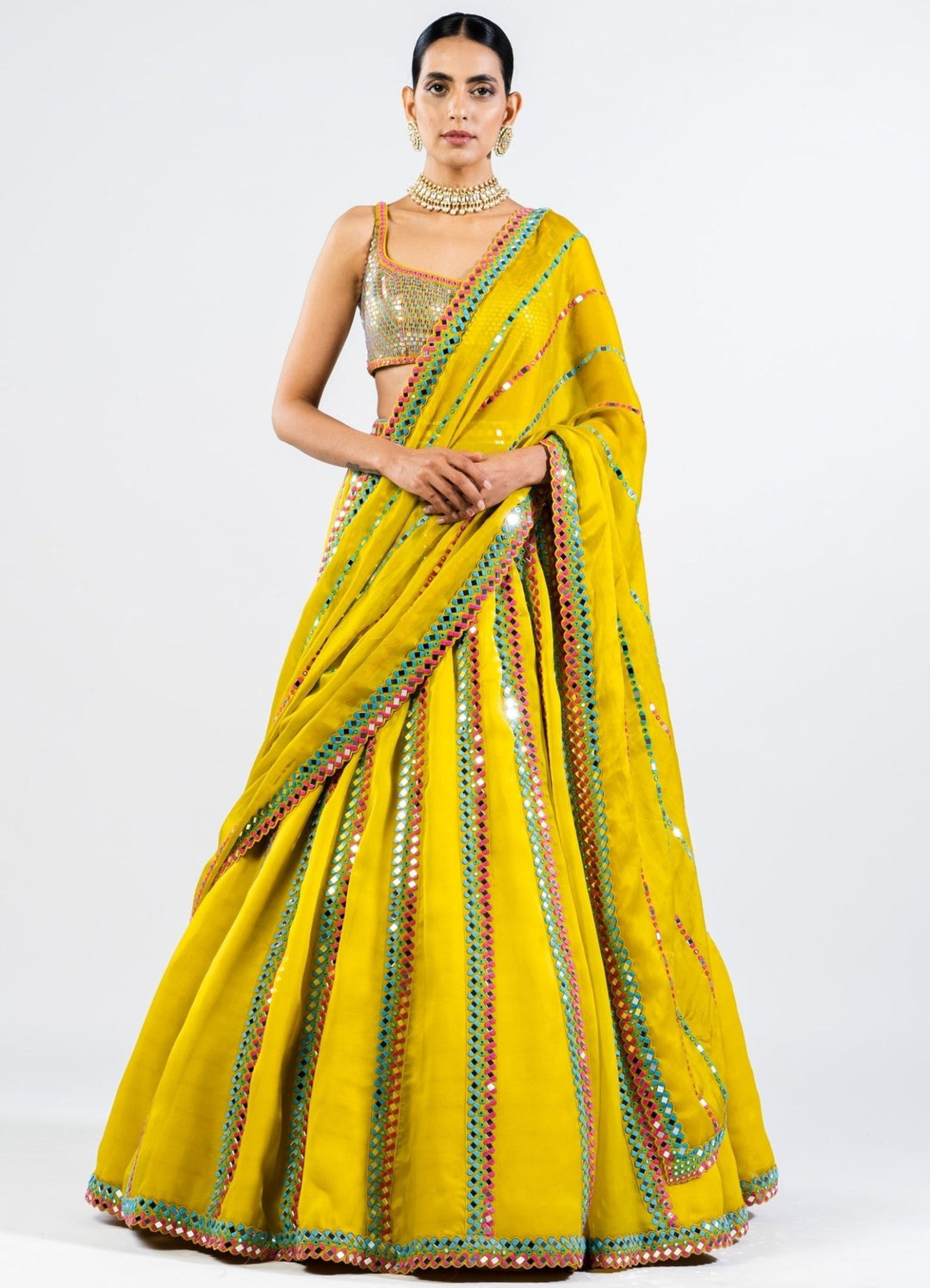 Moss Green Mirror Single Linear Lehenga Set With Metallic Blouse Vvani by Vani Vats - Fabilicious Fashion