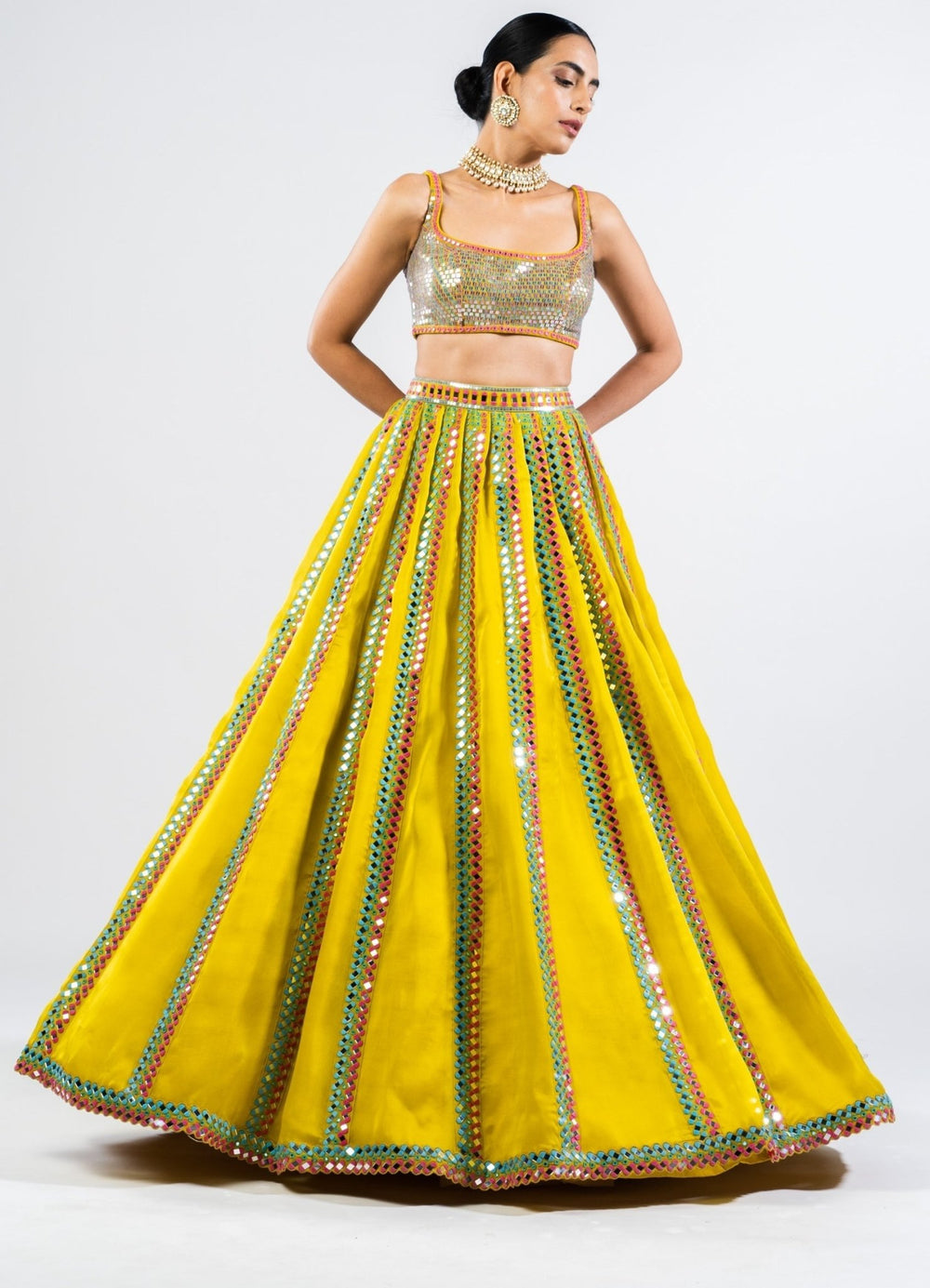 Moss Green Mirror Single Linear Lehenga Set With Metallic Blouse Vvani by Vani Vats - Fabilicious Fashion