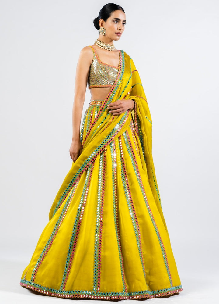 Moss Green Mirror Single Linear Lehenga Set With Metallic Blouse Vvani by Vani Vats - Fabilicious Fashion