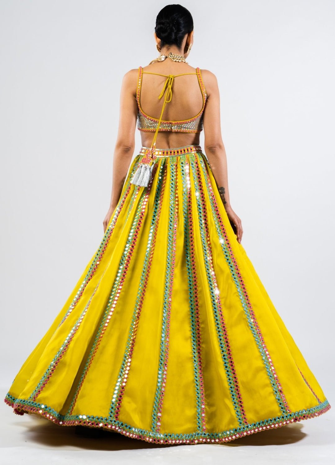 Moss Green Mirror Single Linear Lehenga Set With Metallic Blouse Vvani by Vani Vats - Fabilicious Fashion