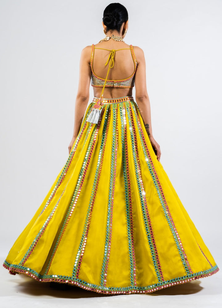Moss Green Mirror Single Linear Lehenga Set With Metallic Blouse Vvani by Vani Vats - Fabilicious Fashion