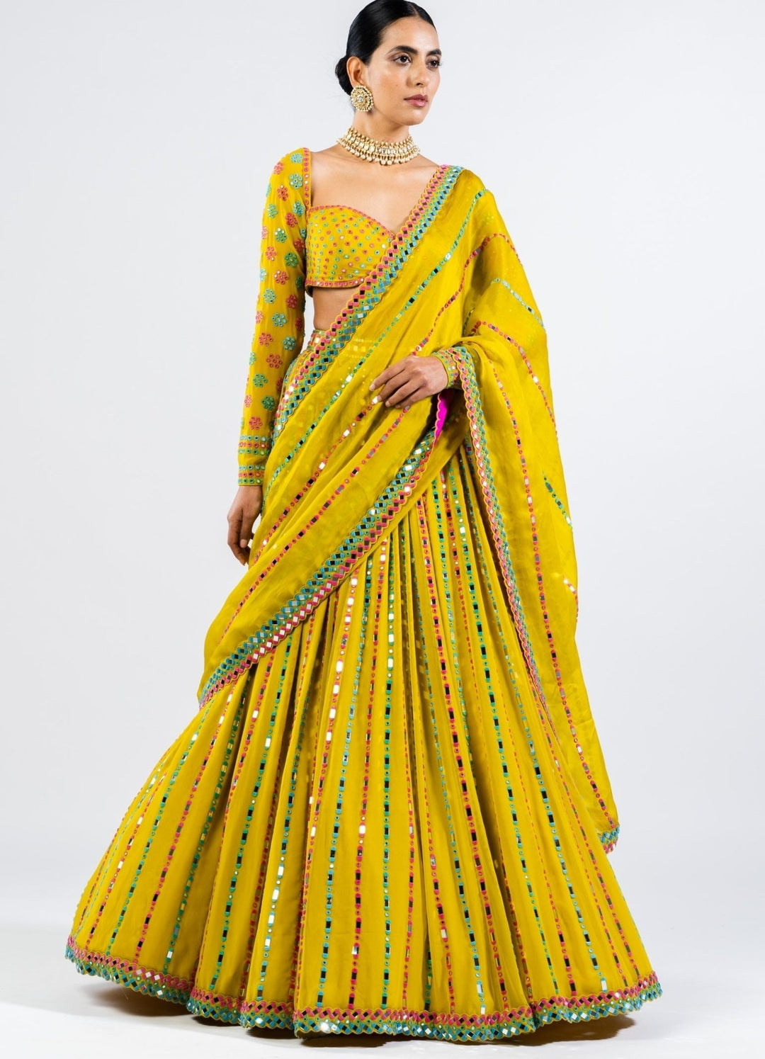 Moss Green Multi Linear Drop Lehenga Set Vvani by Vani Vats - Fabilicious Fashion