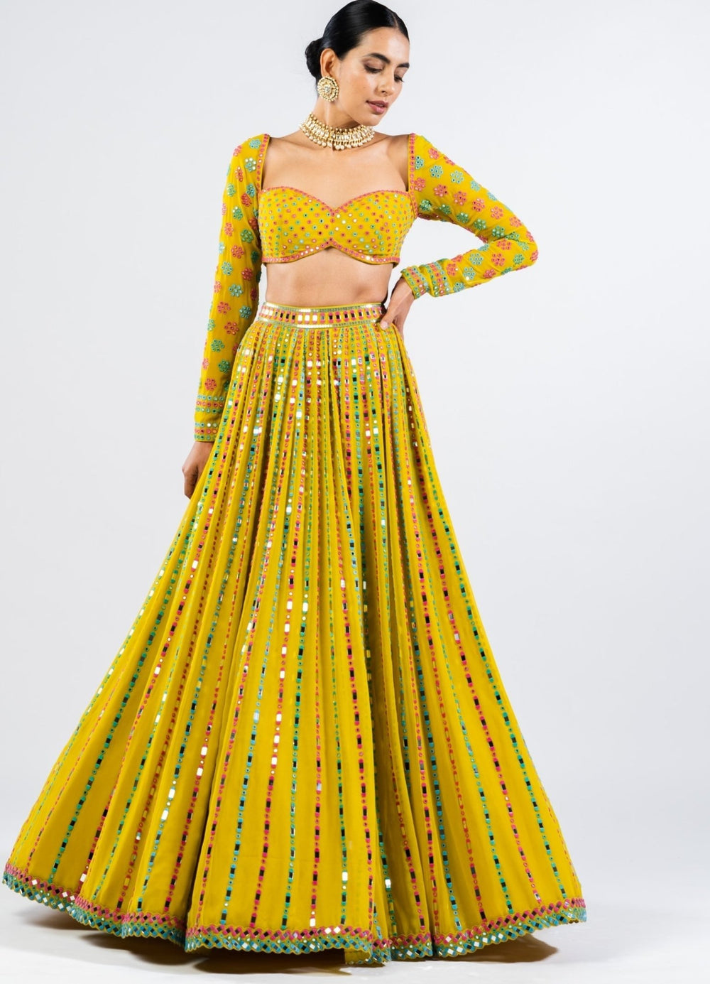 Moss Green Multi Linear Drop Lehenga Set Vvani by Vani Vats - Fabilicious Fashion
