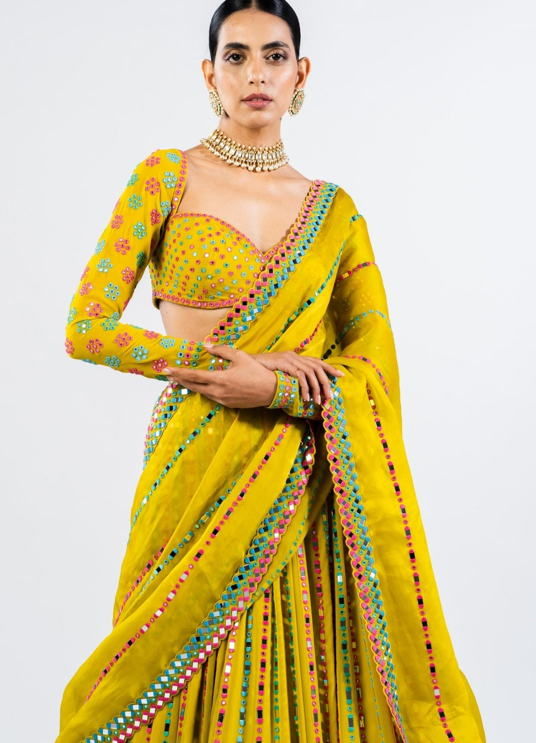 Moss Green Multi Linear Drop Lehenga Set Vvani by Vani Vats - Fabilicious Fashion