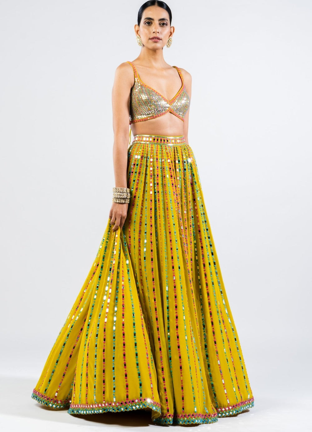 Moss Green Multi Linear Drop Lehenga With Metallic Sequinned Blouse. Vvani by Vani Vats - Fabilicious Fashion