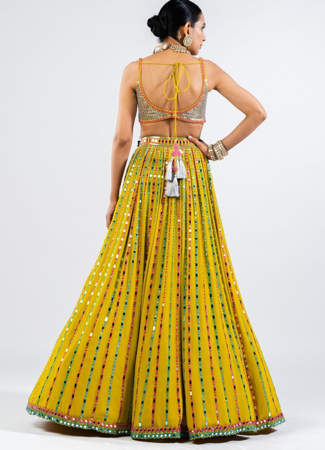 Moss Green Multi Linear Drop Lehenga With Metallic Sequinned Blouse. Vvani by Vani Vats - Fabilicious Fashion