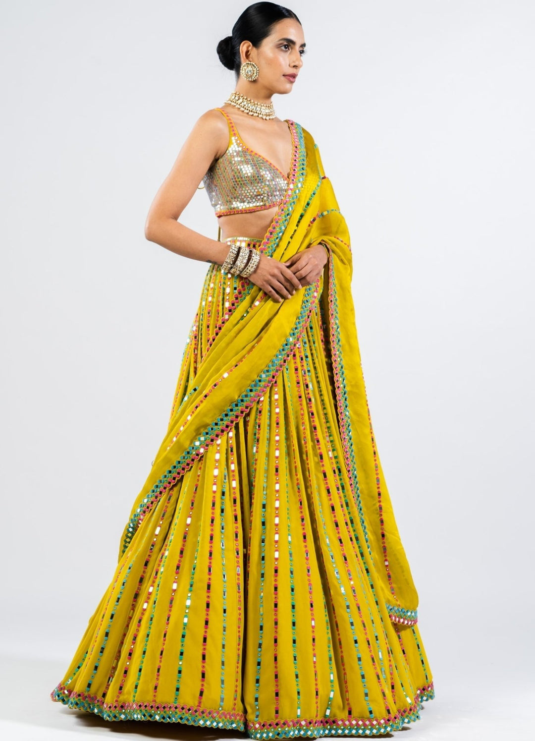 Moss Green Multi Linear Drop Lehenga With Metallic Sequinned Blouse. Vvani by Vani Vats - Fabilicious Fashion