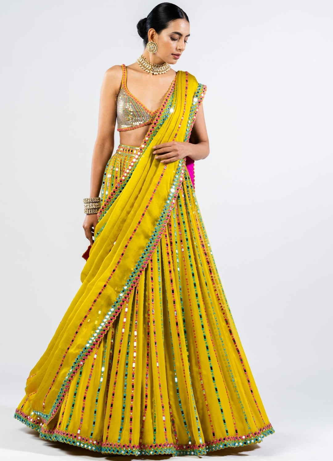 Moss Green Multi Linear Drop Lehenga With Metallic Sequinned Blouse. Vvani by Vani Vats - Fabilicious Fashion