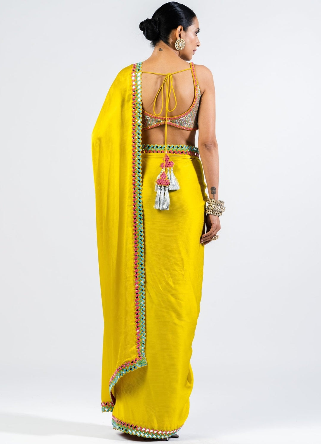 Moss Green Satin Chiffon Saree With Metallic Sequinned Blouse Vvani by Vani Vats - Fabilicious Fashion