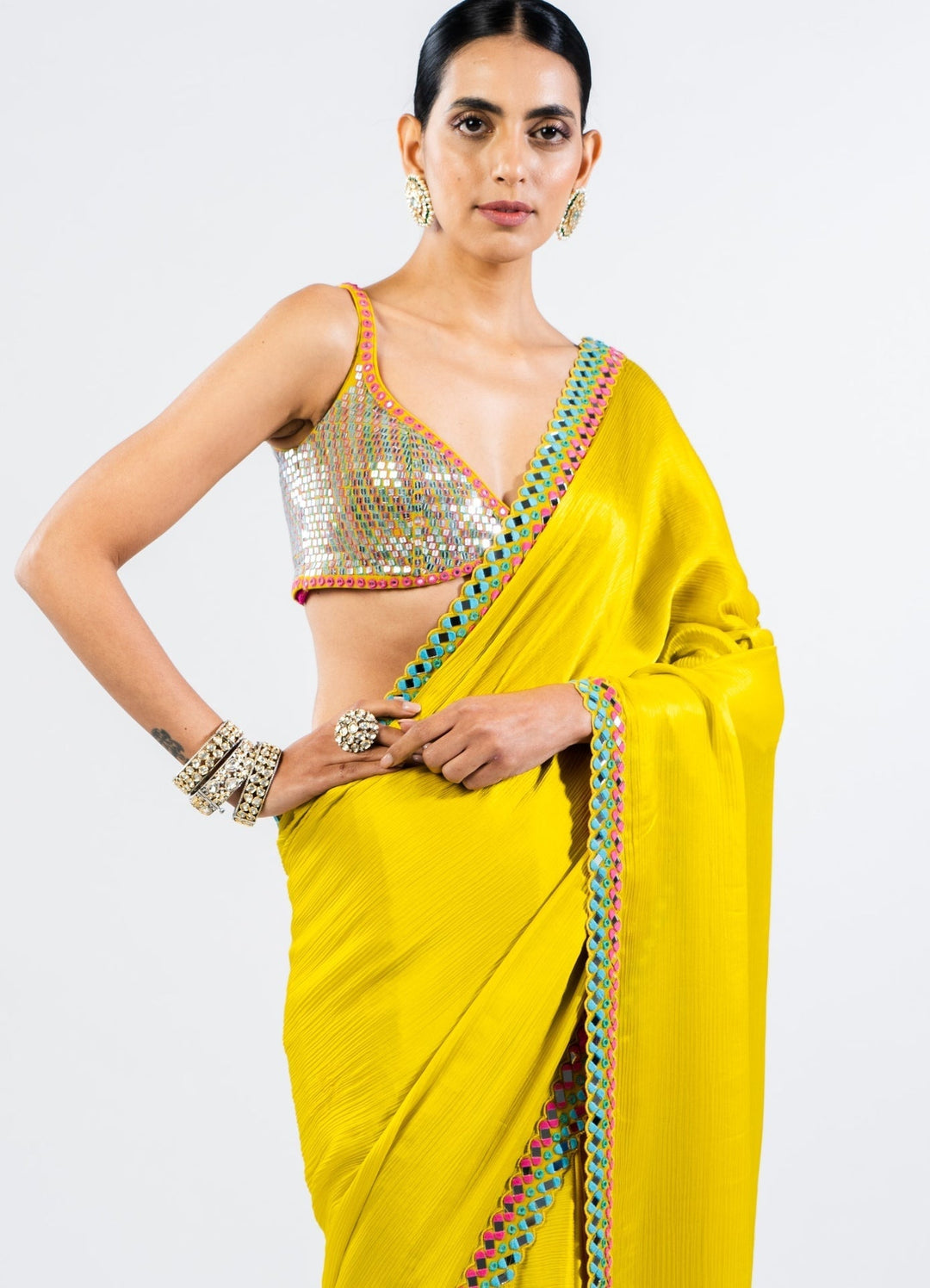 Moss Green Satin Chiffon Saree With Metallic Sequinned Blouse Vvani by Vani Vats - Fabilicious Fashion