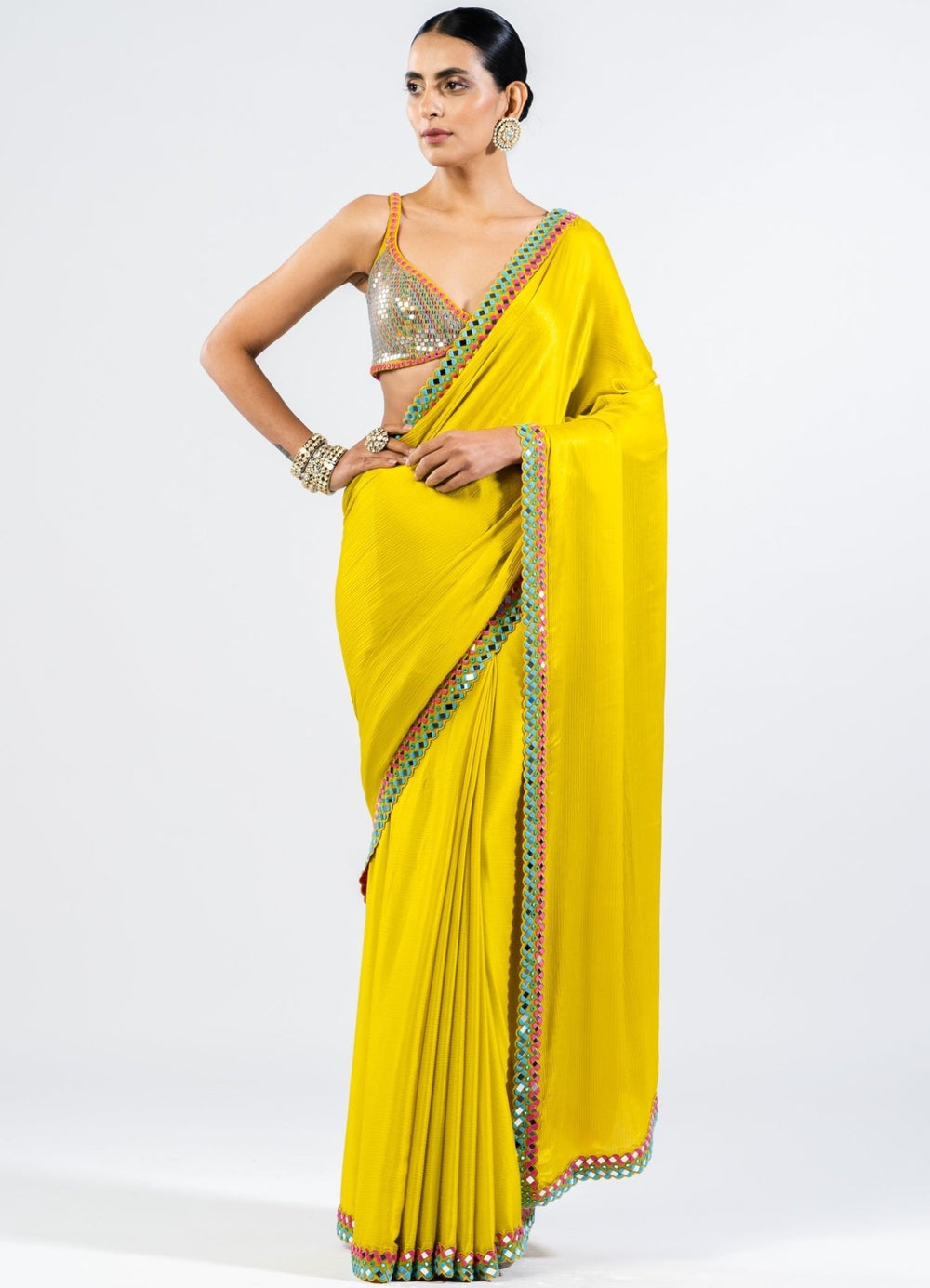 Moss Green Satin Chiffon Saree With Metallic Sequinned Blouse Vvani by Vani Vats - Fabilicious Fashion