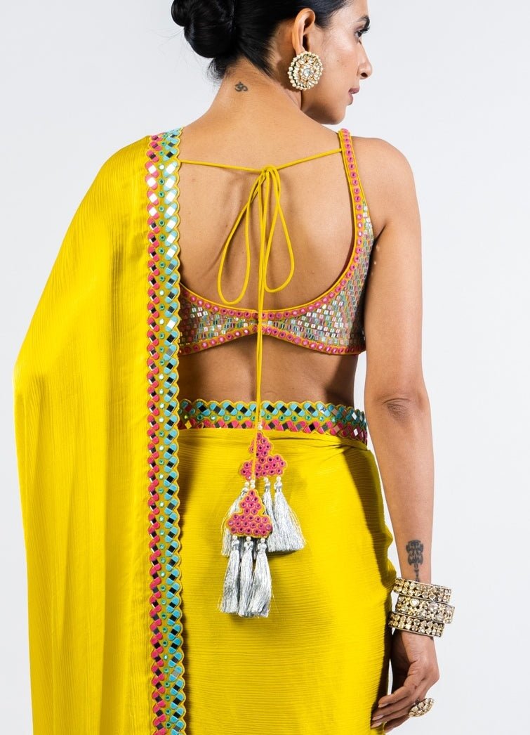 Moss Green Satin Chiffon Saree With Metallic Sequinned Blouse Vvani by Vani Vats - Fabilicious Fashion
