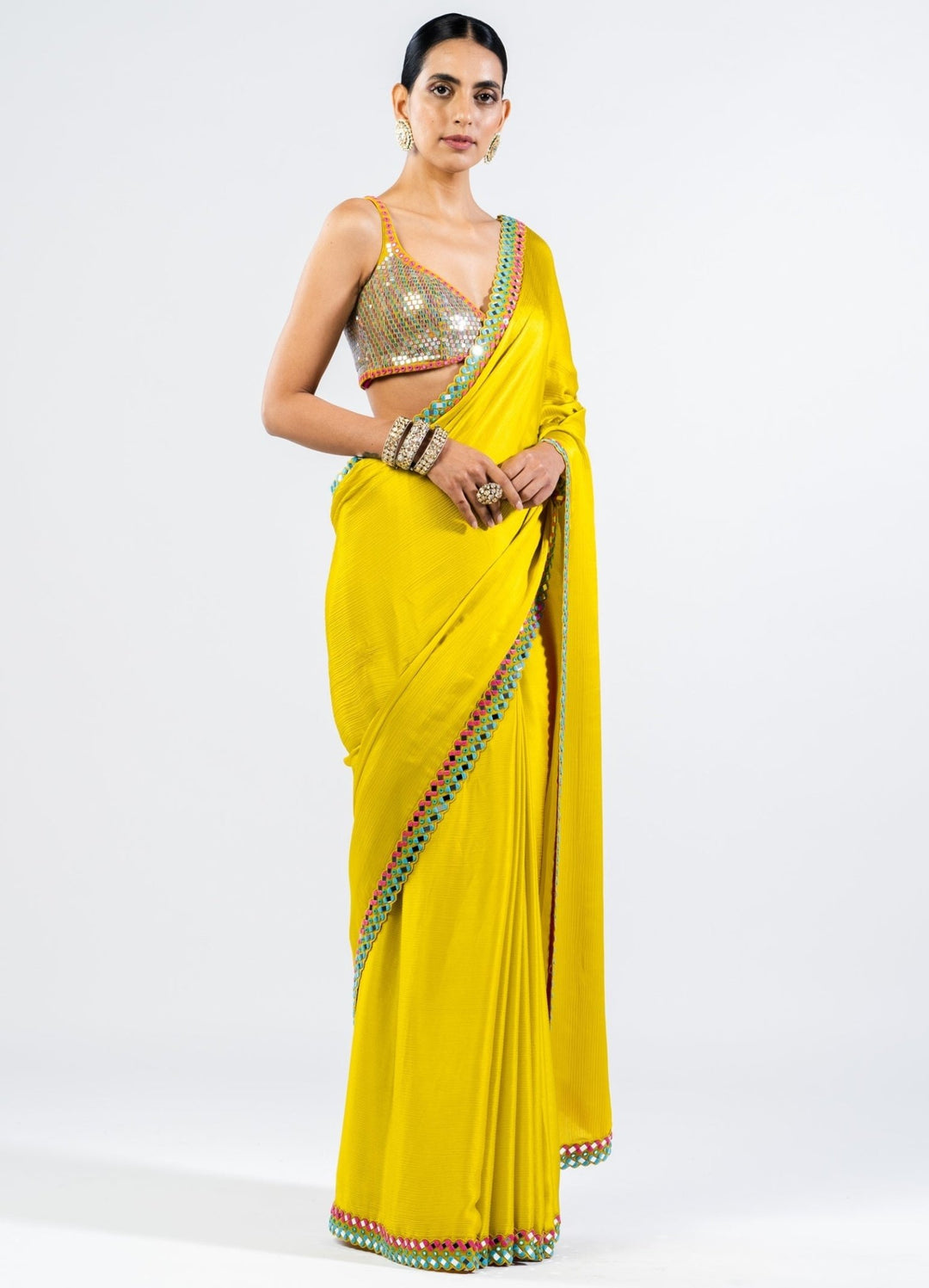 Moss Green Satin Chiffon Saree With Metallic Sequinned Blouse Vvani by Vani Vats - Fabilicious Fashion