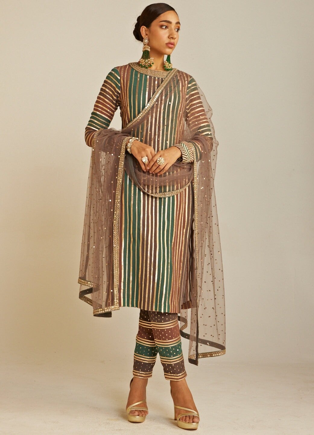 Mud Green Round Neck Straight Kurta Pant and Dupatta Set Vvani By Vani Vats - Fabilicious Fashion