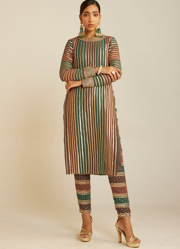 Mud Green Round Neck Straight Kurta Pant and Dupatta Set Vvani By Vani Vats - Fabilicious Fashion