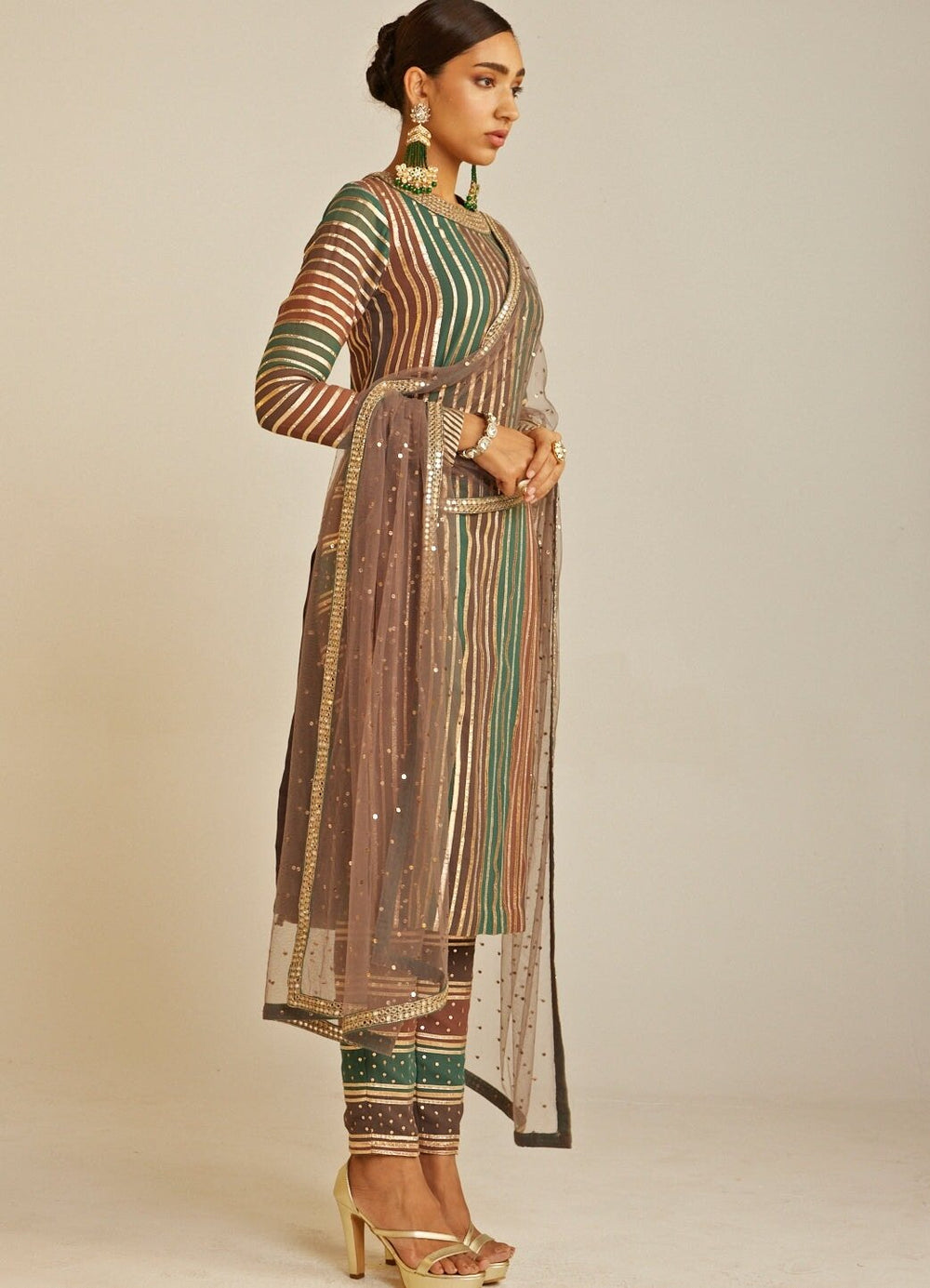 Mud Green Round Neck Straight Kurta Pant and Dupatta Set Vvani By Vani Vats - Fabilicious Fashion