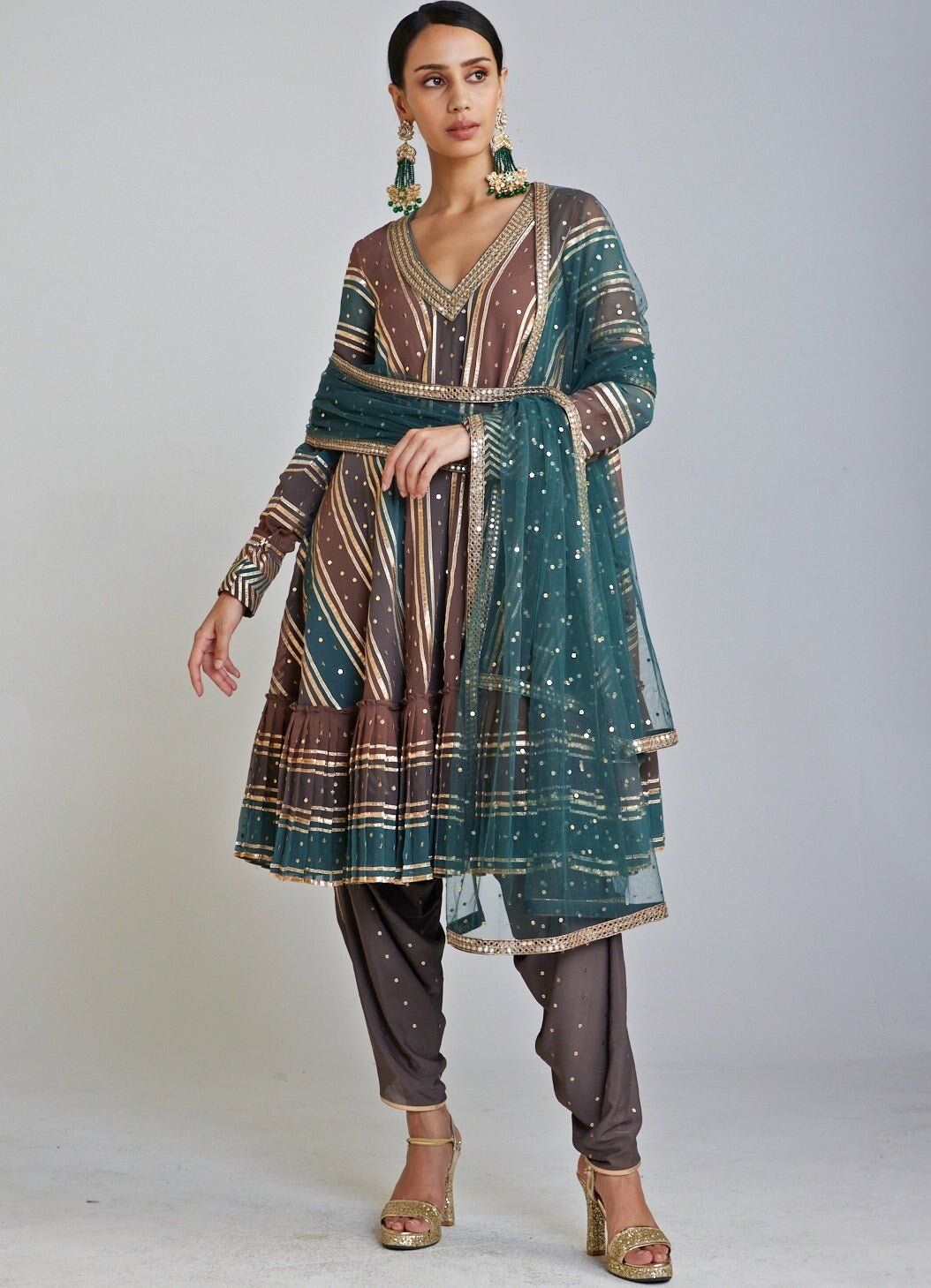 Mud Green V Neck A Line Dhoti Kurta Dhoti Set Vvani By Vani Vats - Fabilicious Fashion