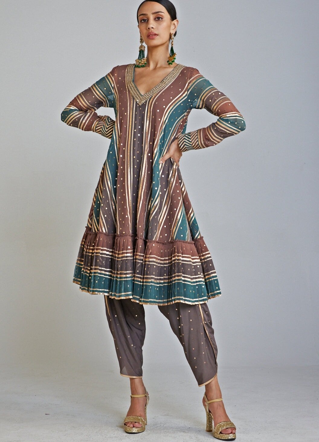 Vvani by Vani Vats Mud Green V Neck A Line Dhoti Kurta Dhoti Set Fabilicious Fashion Vvani by Vani Vats Mud Green V Neck A Line Dhoti Kurta Dhoti Set Fabilicious Fashion