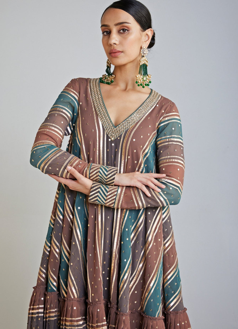 Mud Green V Neck A Line Dhoti Kurta Dhoti Set Vvani By Vani Vats - Fabilicious Fashion
