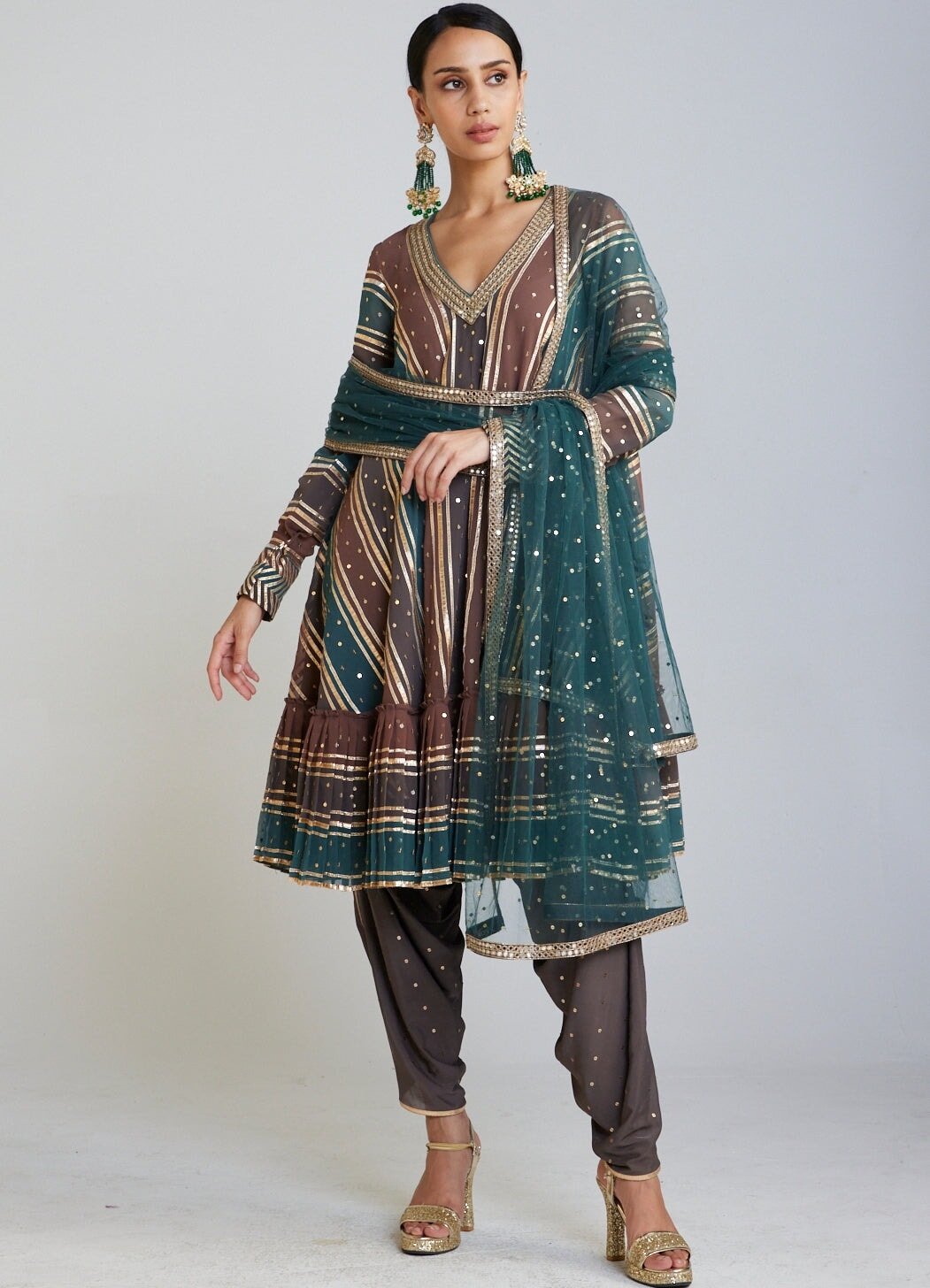 Mud Green V Neck Kurta Dhoti Set Vvani By Vani Vats - Fabilicious Fashion