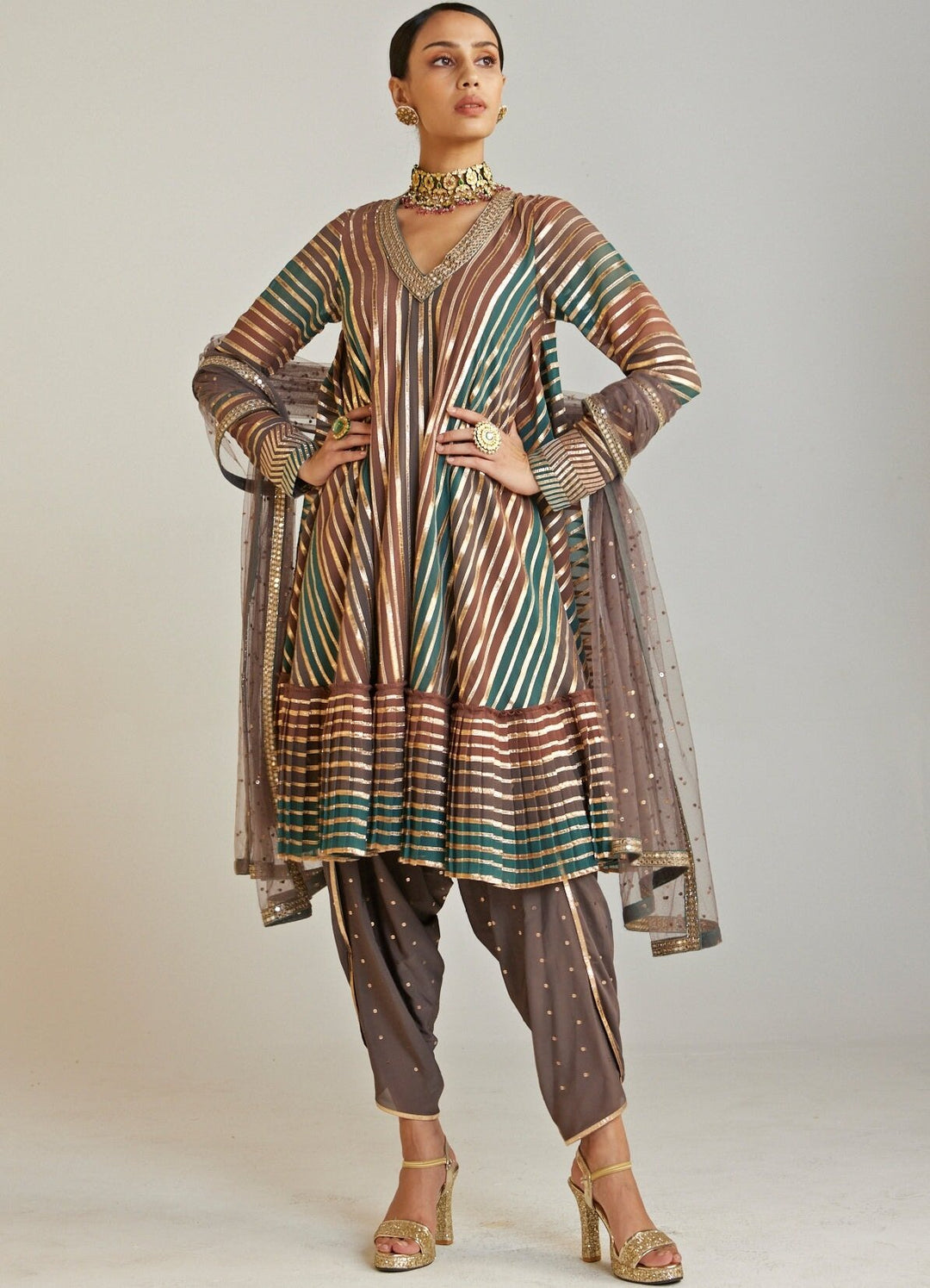 Mud Green V Neck Kurta Dhoti Set Vvani By Vani Vats - Fabilicious Fashion
