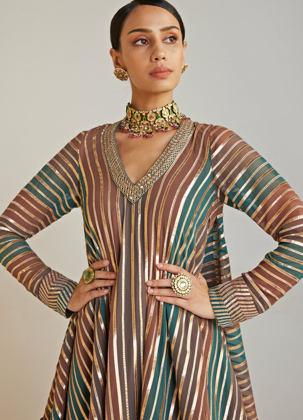 Mud Green V Neck Kurta Dhoti Set Vvani By Vani Vats - Fabilicious Fashion