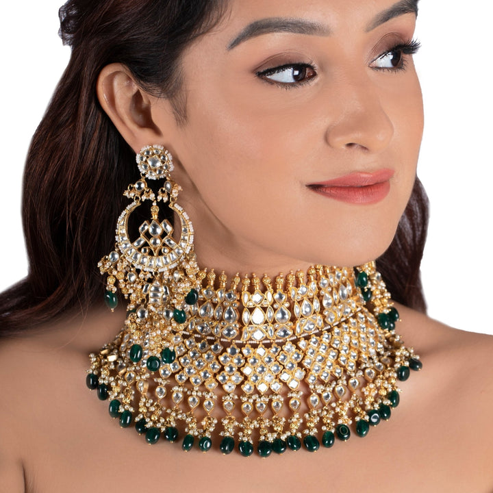 Multi Layered Bridal Necklace With Kundan and Green Beads Riana by Shikha Jindal - Fabilicious Fashion