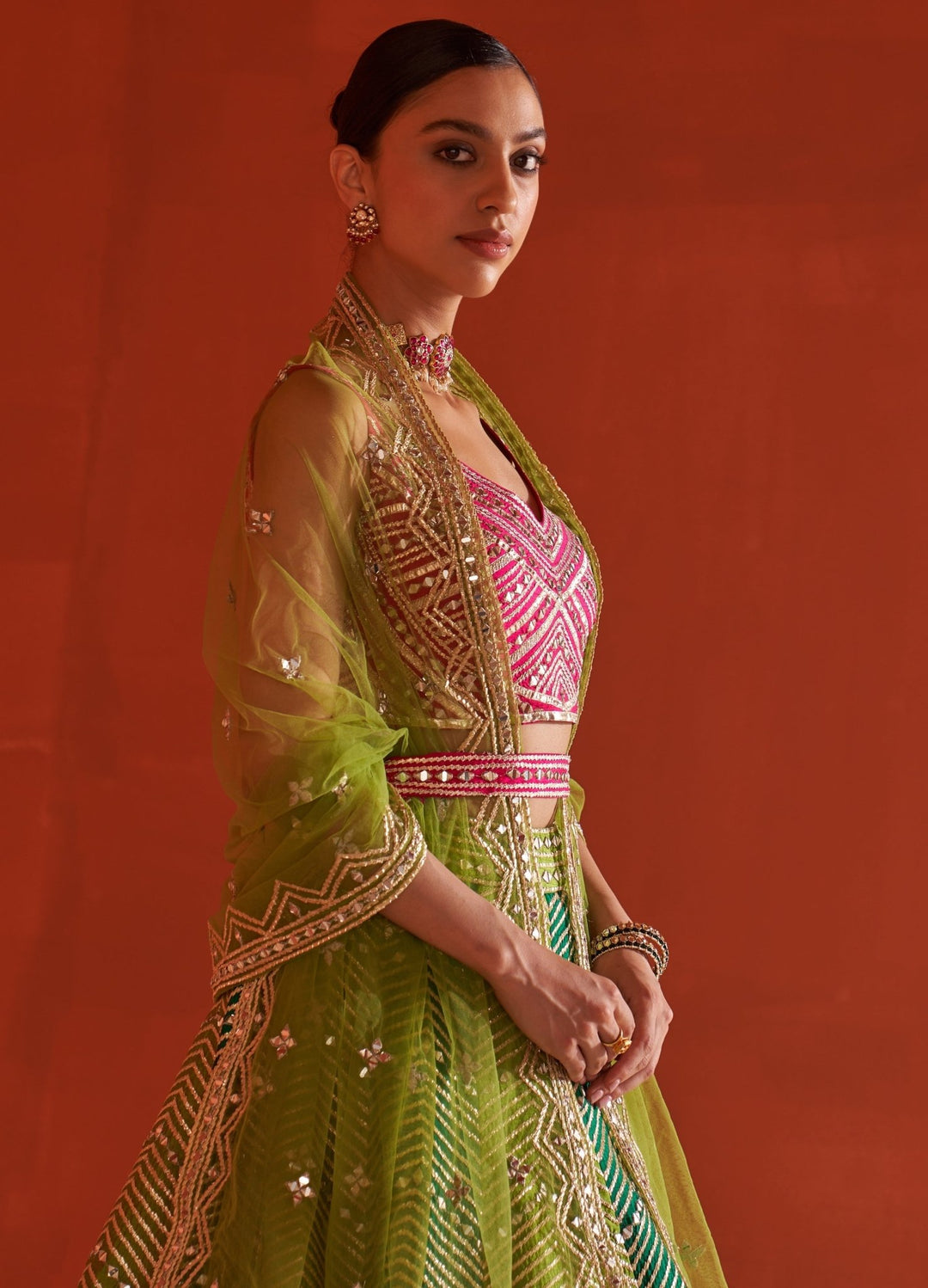 Multicolor Embellished Raw Silk Lehenga Set With Belt Angad Singh - Fabilicious Fashion