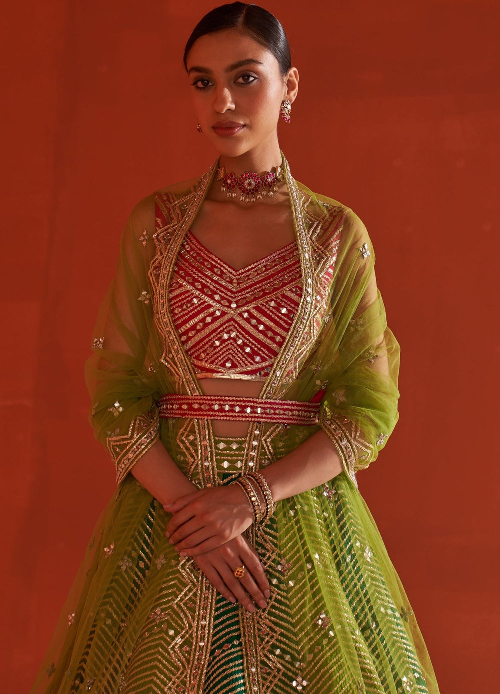 Multicolor Embellished Raw Silk Lehenga Set With Belt Angad Singh - Fabilicious Fashion