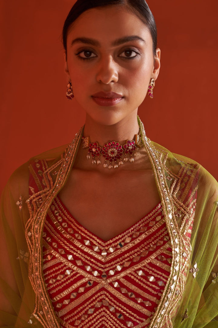 Multicolor Embellished Raw Silk Lehenga Set With Belt Angad Singh - Fabilicious Fashion