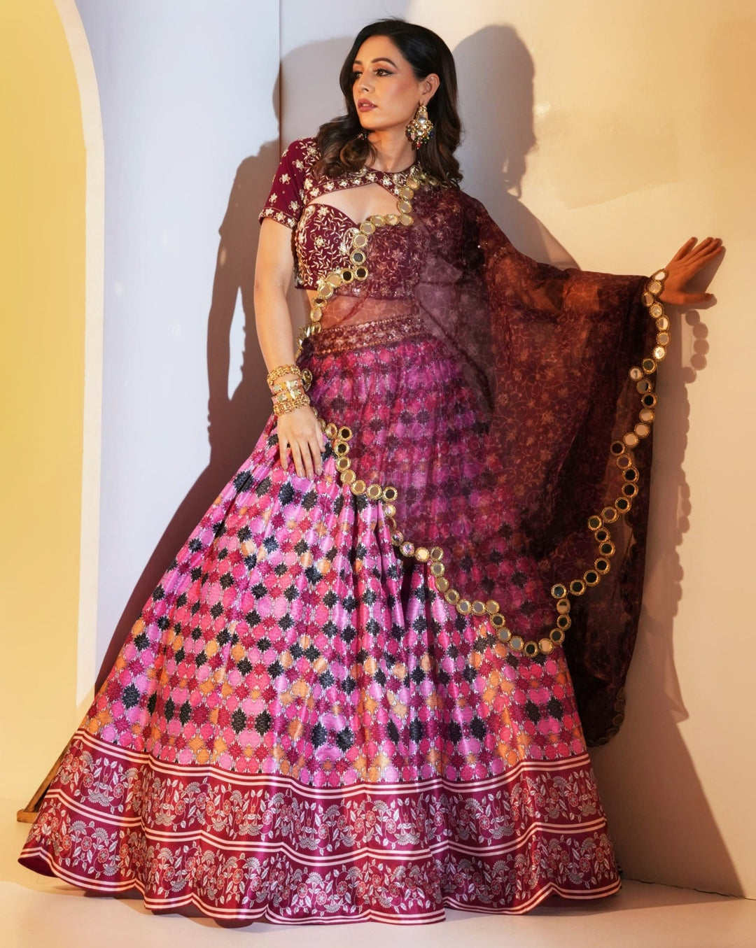 Multicolor Printed Silk Lehenga With Maroon Embellished Blouse and Scalloped Dupatta Rashika Sharma - Fabilicious Fashion