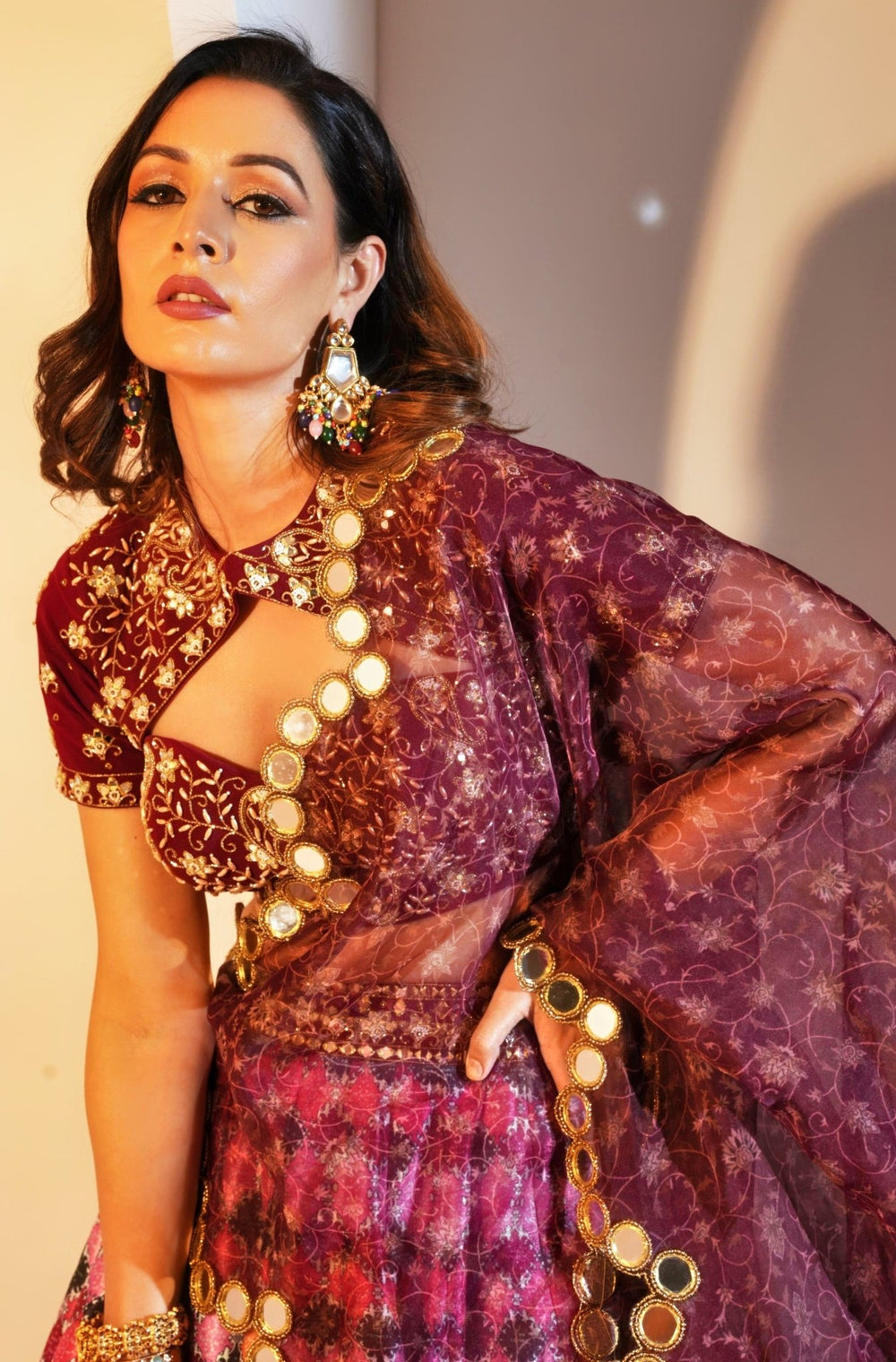 Multicolor Printed Silk Lehenga With Maroon Embellished Blouse and Scalloped Dupatta Rashika Sharma - Fabilicious Fashion