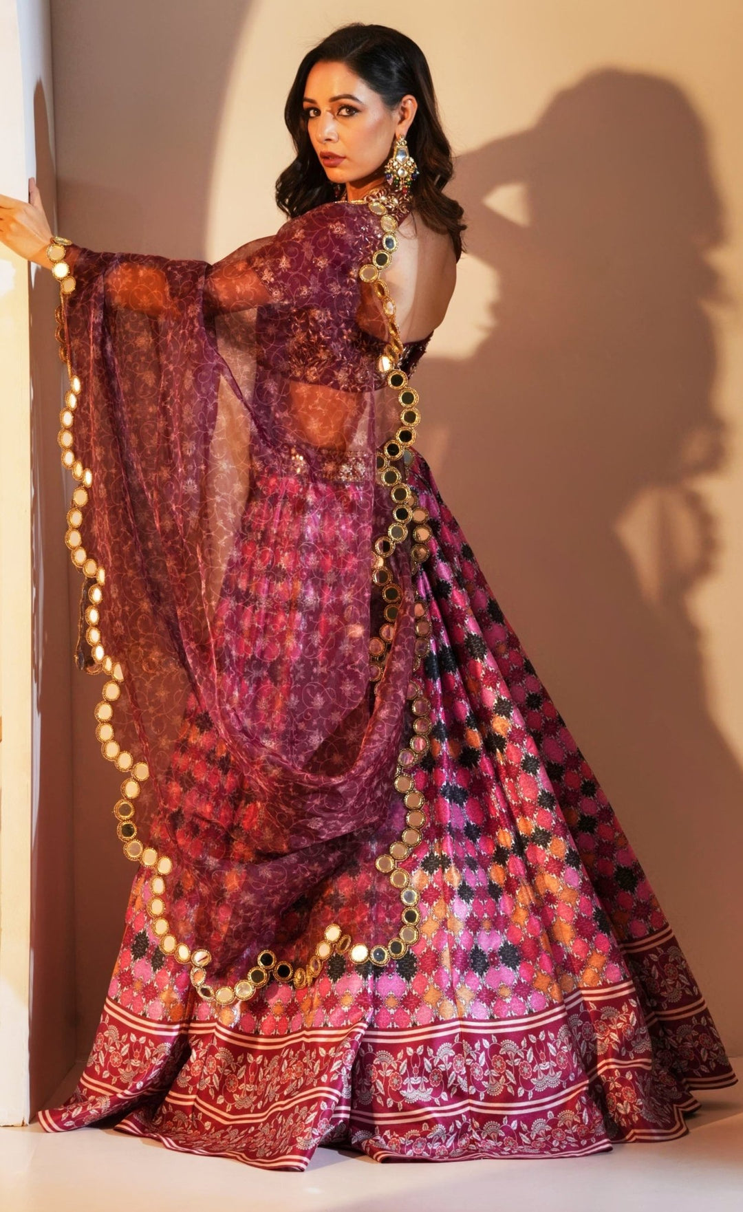 Multicolor Printed Silk Lehenga With Maroon Embellished Blouse and Scalloped Dupatta Rashika Sharma - Fabilicious Fashion