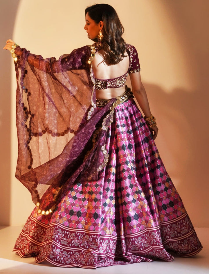 Multicolor Printed Silk Lehenga With Maroon Embellished Blouse and Scalloped Dupatta Rashika Sharma - Fabilicious Fashion