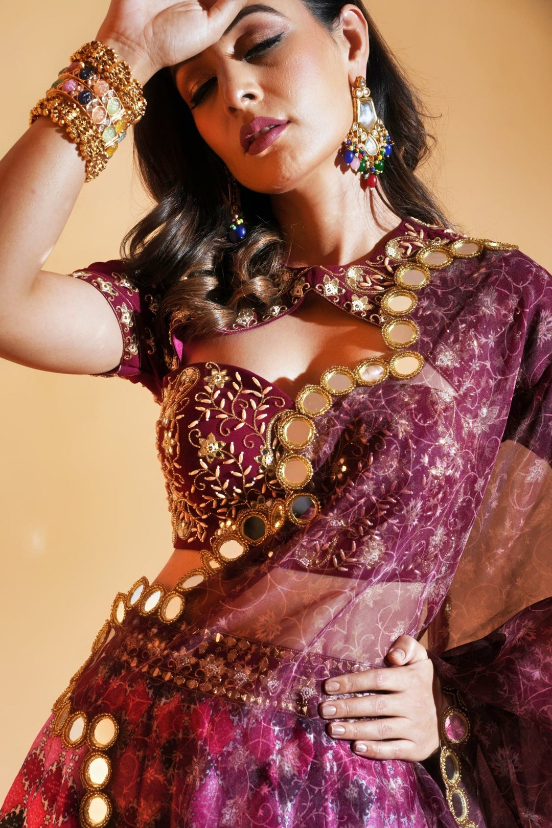 Multicolor Printed Silk Lehenga With Maroon Embellished Blouse and Scalloped Dupatta Rashika Sharma - Fabilicious Fashion