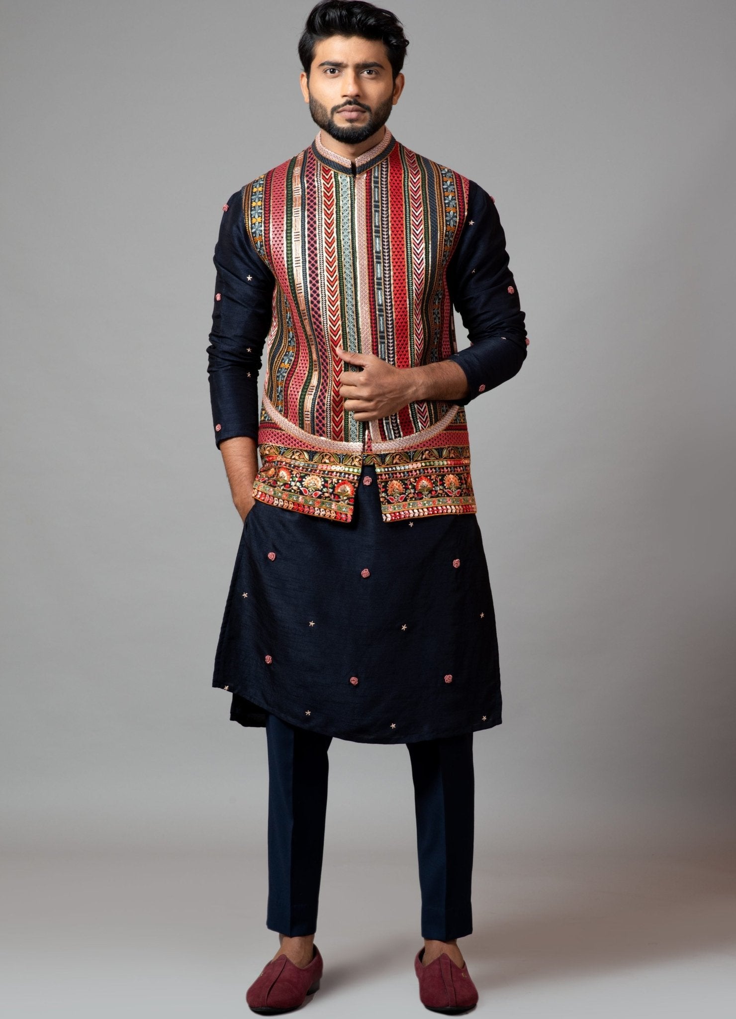 Multicolour chikankari Nehru jacket kurta set — men’s festive kurta jacket