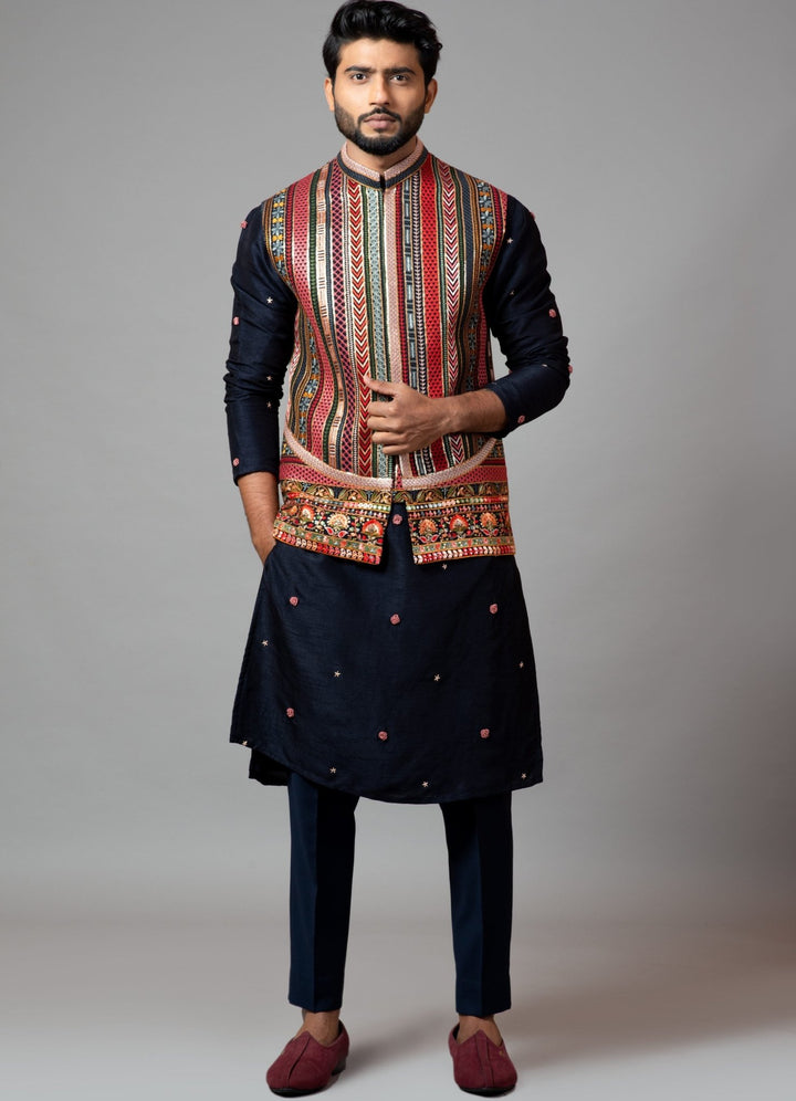 Multicolour Chikankari Nehru With Bullion Rose Embroidered Kurta Smriti - Fabilicious Fashion