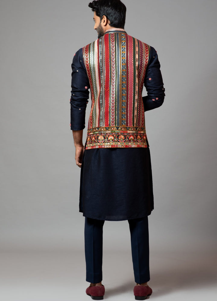 Multicolour Chikankari Nehru With Bullion Rose Embroidered Kurta Smriti - Fabilicious Fashion